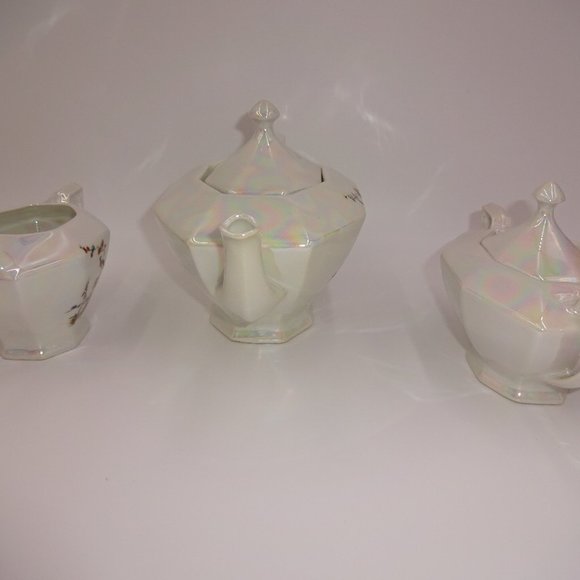 5 Pc Vintage White Pearl Victoria China Teapot Creamer Sugar Lids Czechoslovakia